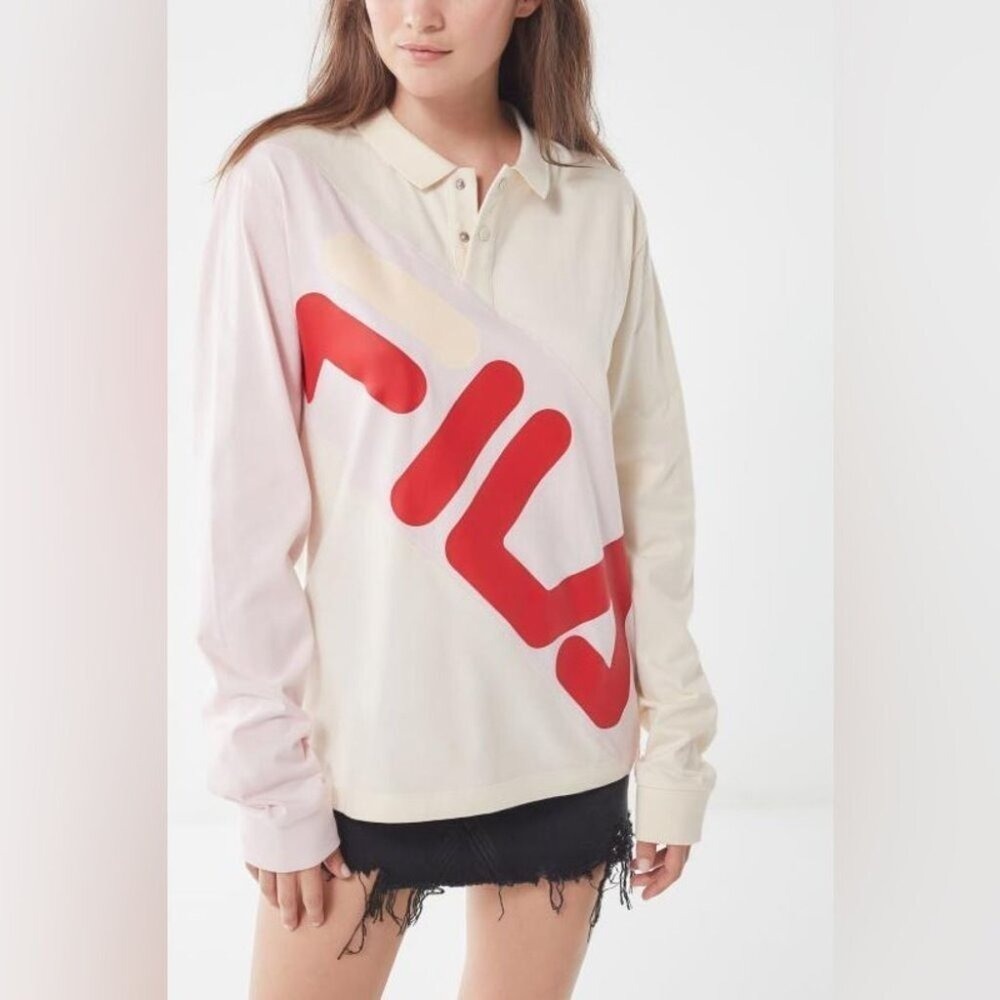 FILA Long Sleeve Polo Shirt Womens Medium Cream Pink Red‎ Big Logo Graphic NEW